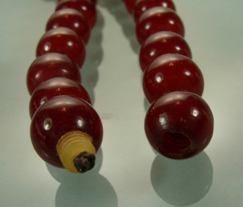 Long Cherry Amber Bakelite Necklace Hidden Barrel Clasp