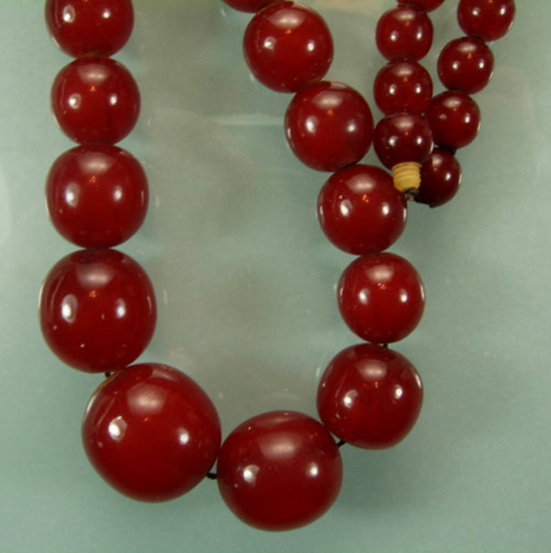 Long Cherry Amber Bakelite Necklace Hidden Barrel Clasp