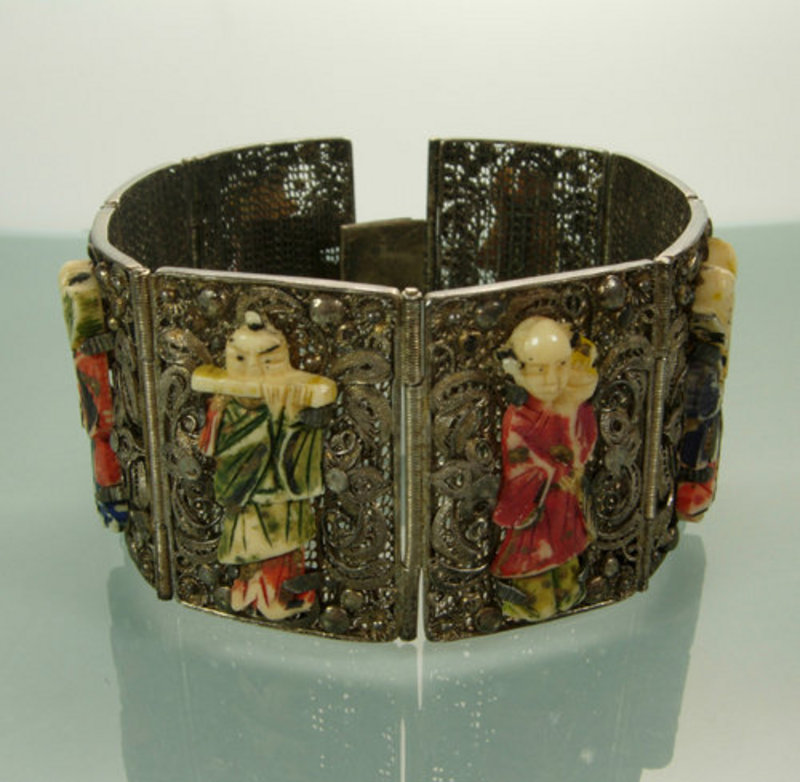 Chinese Silver Filigree Bone Figural 8 Panel Bracelet