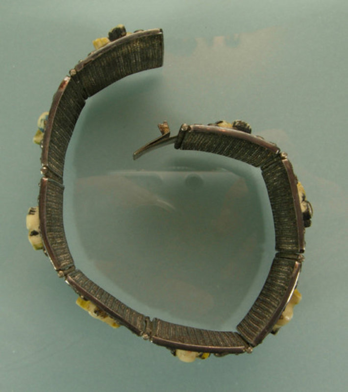Chinese Silver Filigree Bone Figural 8 Panel Bracelet