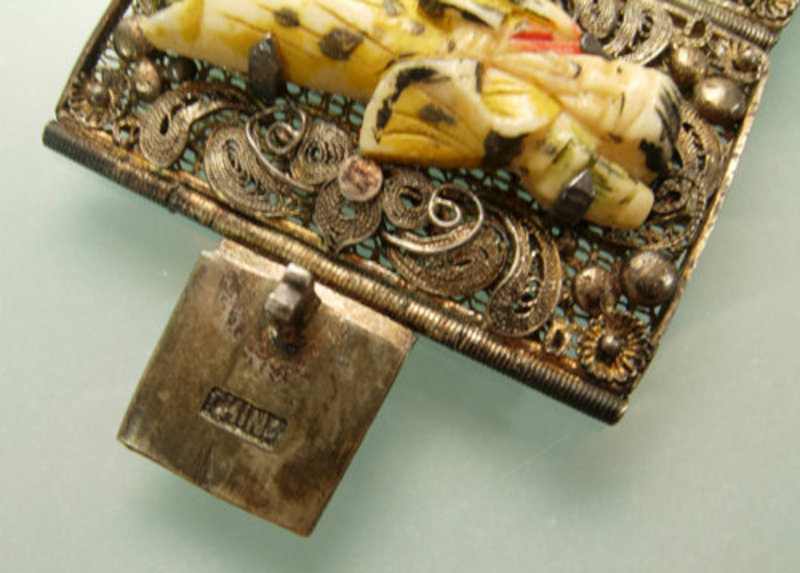 Chinese Silver Filigree Bone Figural 8 Panel Bracelet
