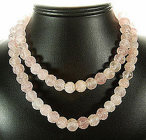 1920s Rose Quartz Chinese Motif Carved Beaded Necklace