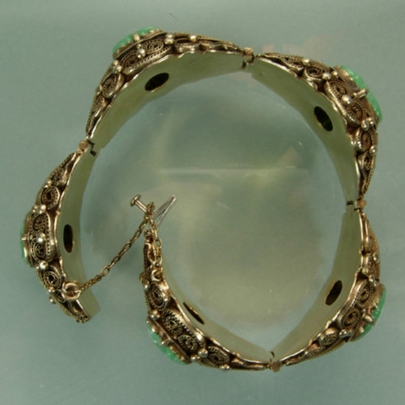 Heavy Chinese Silver Filigree Bracelet: Jade Buddhas
