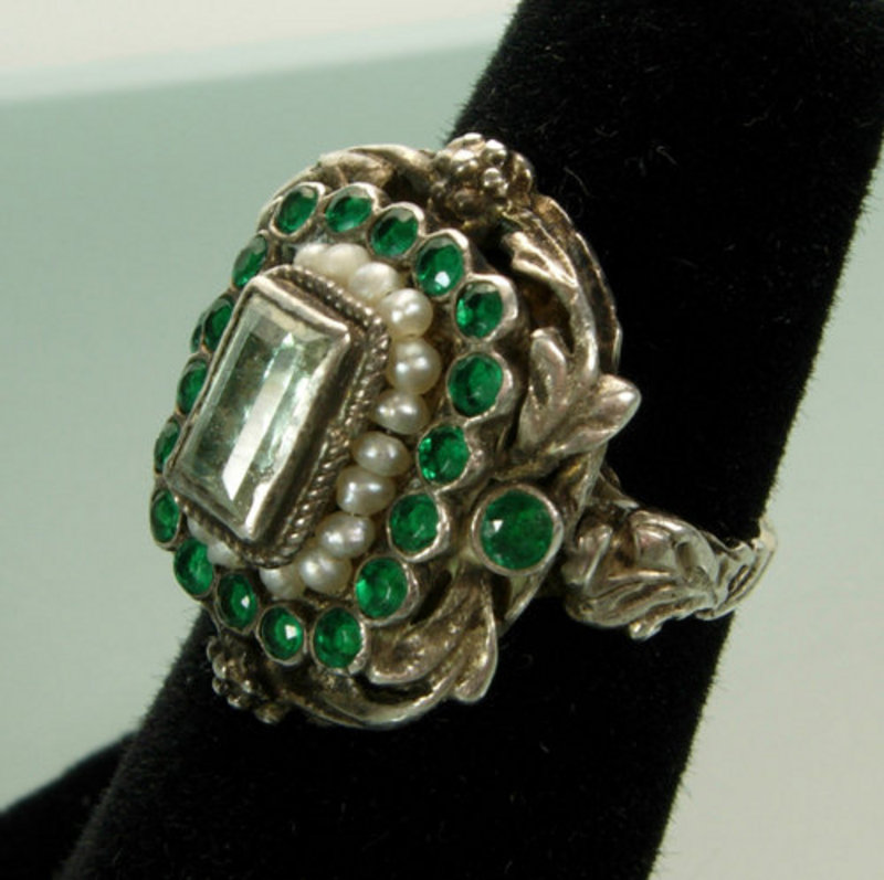 Antique Austro Hungarian Silver Green Beryl Pearl Ring