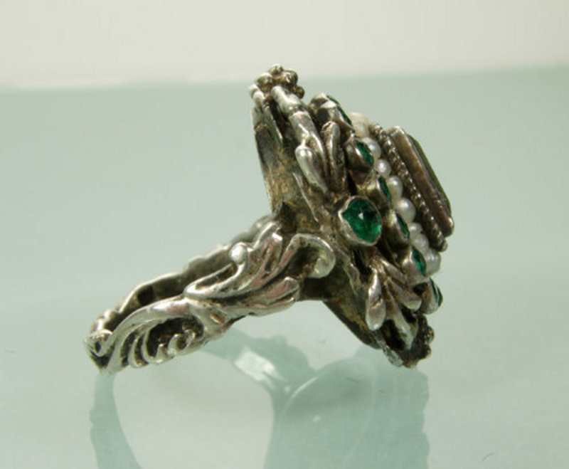 Antique Austro Hungarian Silver Green Beryl Pearl Ring