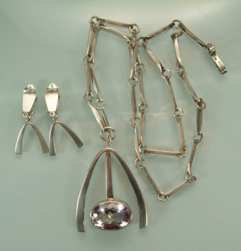 Modernist Sterling Amethyst Necklace Earrings Signed JB