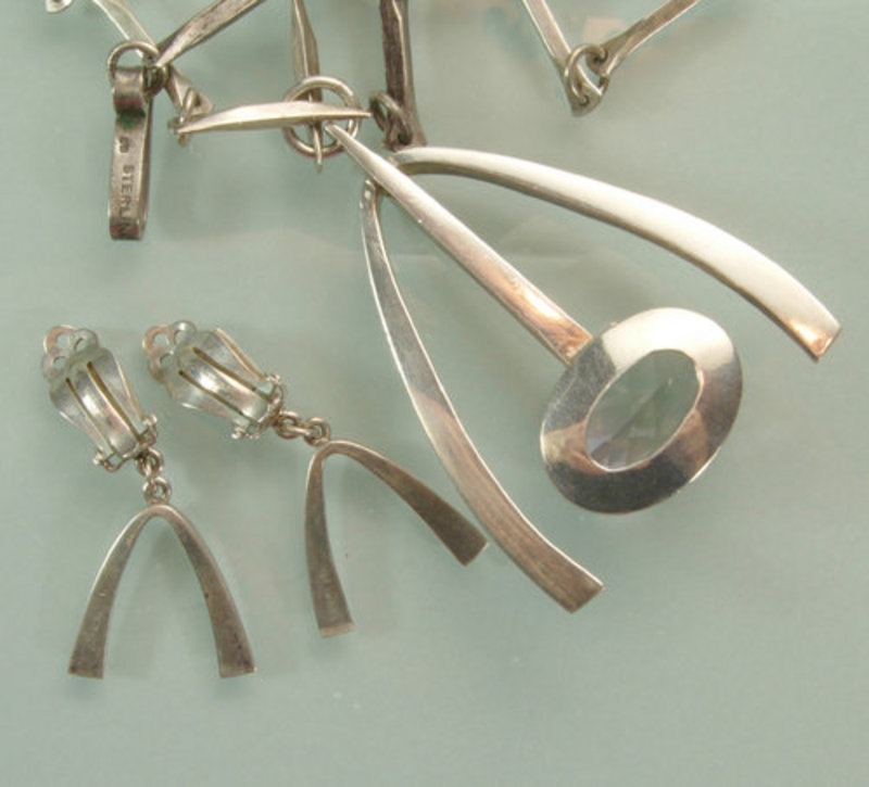 Modernist Sterling Amethyst Necklace Earrings Signed JB