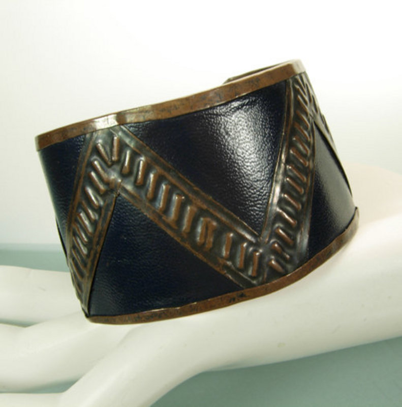 Early Modernist Copper and Leather Cuff Bracelet