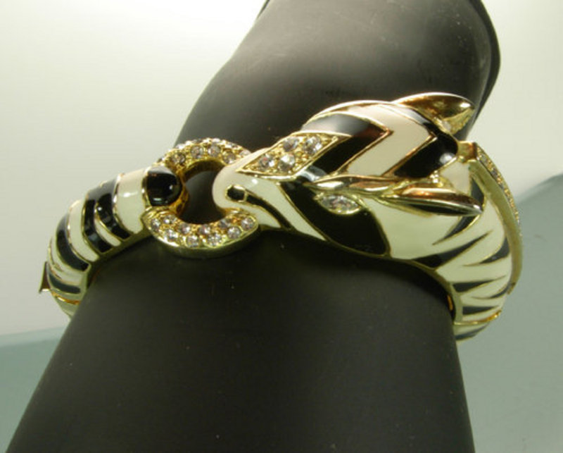 Dramatic 1970s Ciner Enameled Diamante Zebra Bracelet