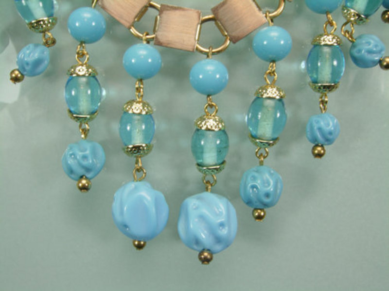 1960s 2 Tier Turquoise Poured Glass Drop Bib Necklace