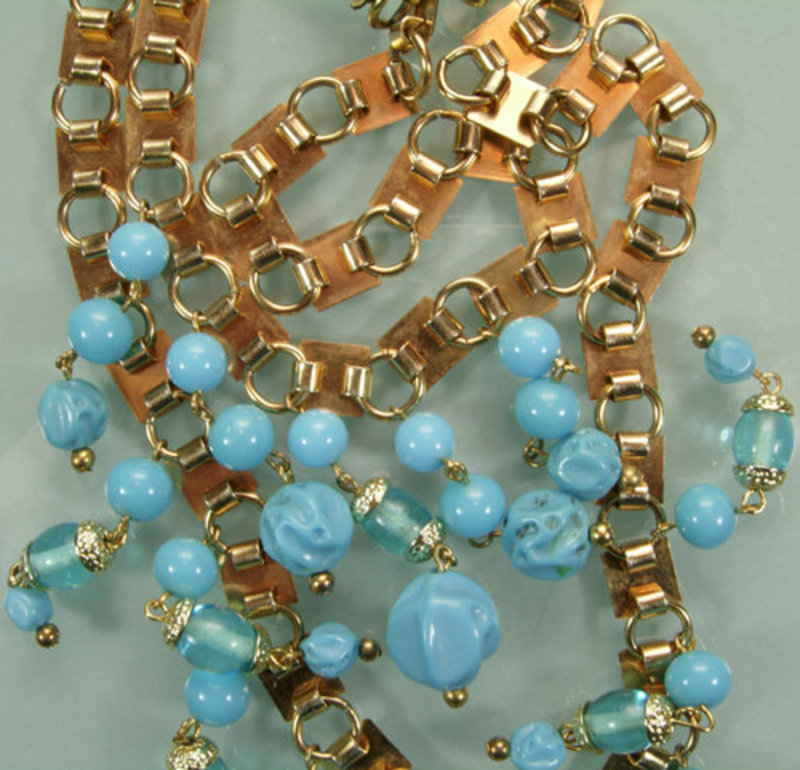 1960s 2 Tier Turquoise Poured Glass Drop Bib Necklace