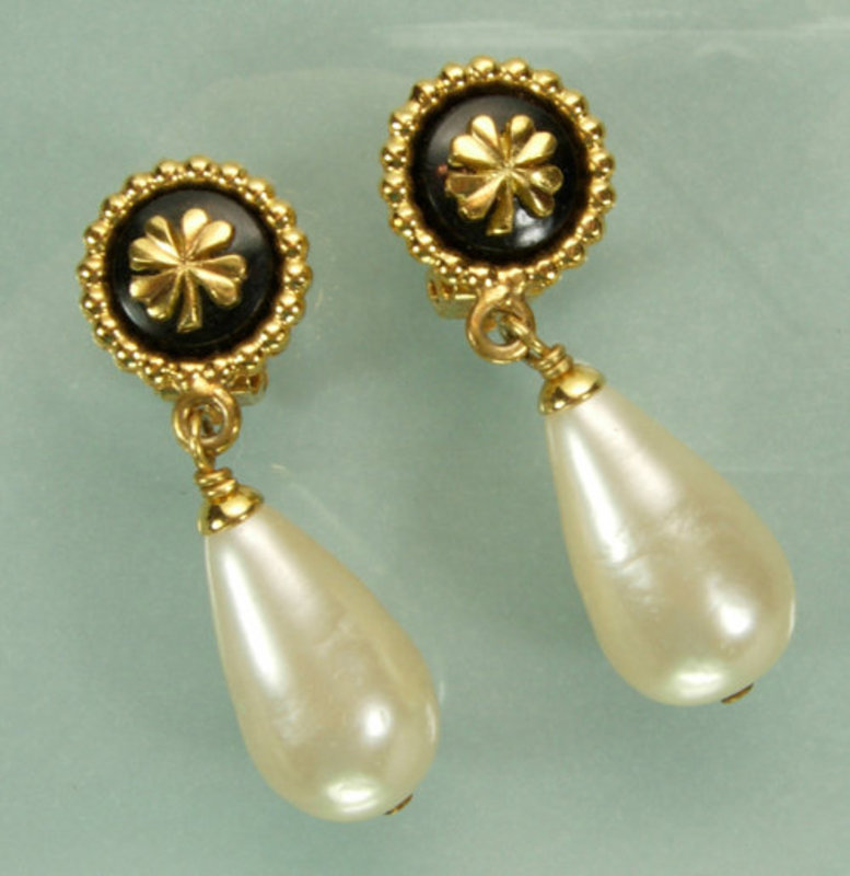 Signed Chanel Drop Earrings: Black Stones, Faux Pearls