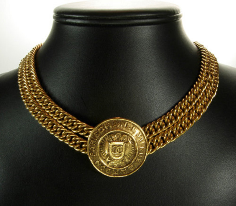 Signed Chanel Double Draped Chains Medallion Necklace