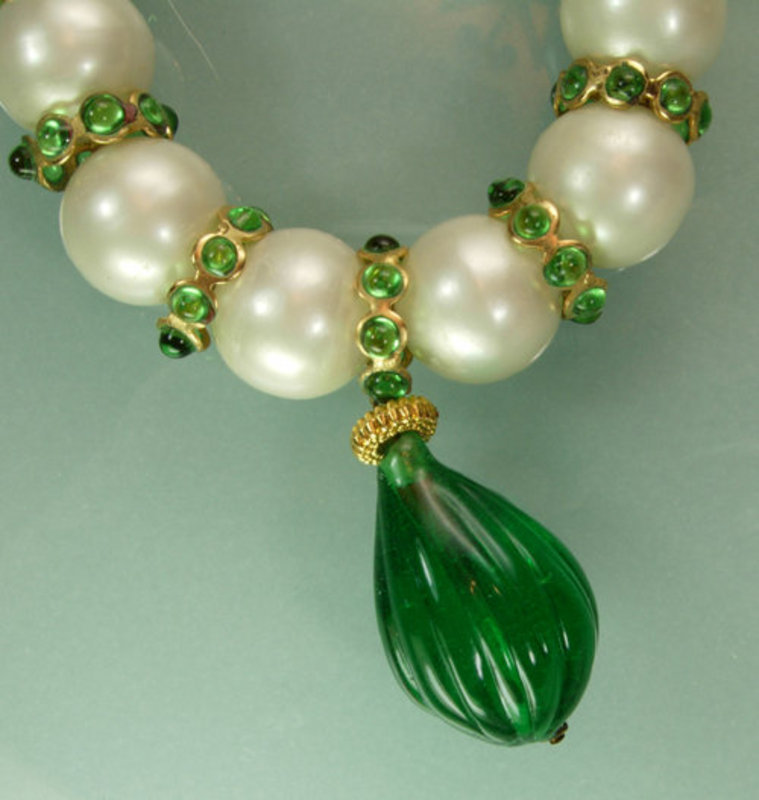 Green Gripoix Glass, Pearls Statement Necklace: France