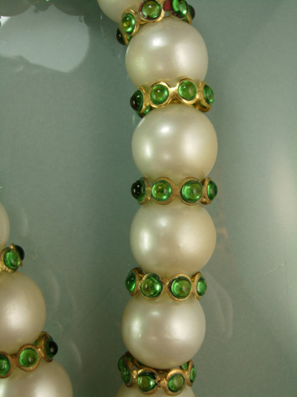 Green Gripoix Glass, Pearls Statement Necklace: France