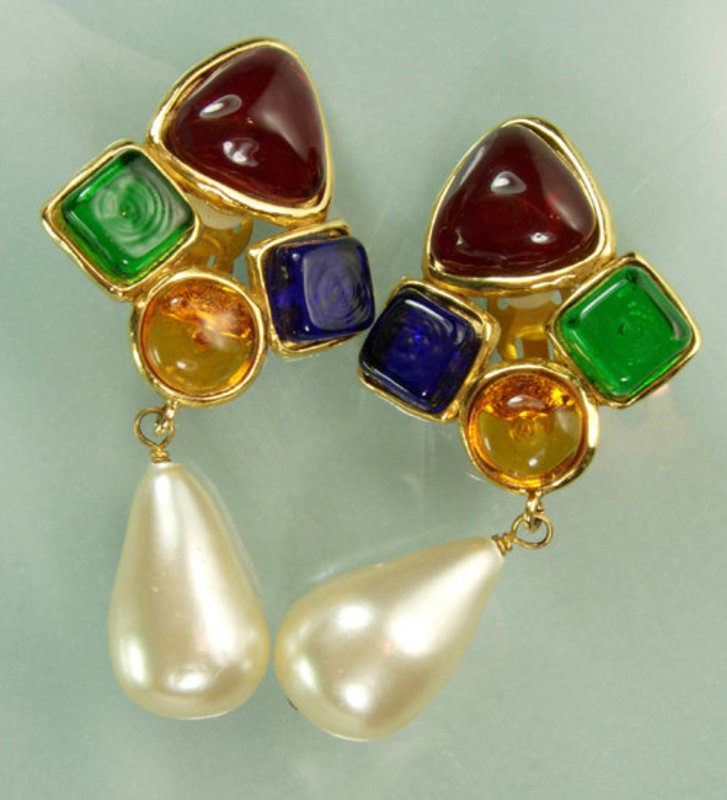 Signed Chanel Drop Earrings: Poured Glass, Faux Pearls