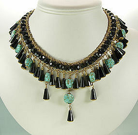 Signed Miriam Haskell Glass Necklace: Turquoise, Black