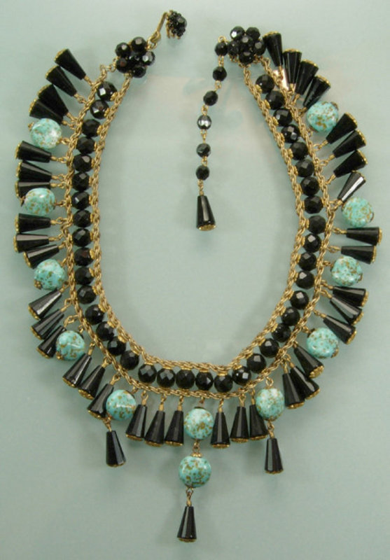 Signed Miriam Haskell Glass Necklace: Turquoise, Black