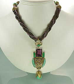 French Art Deco Egyptian Purple and Jade Glass Necklace