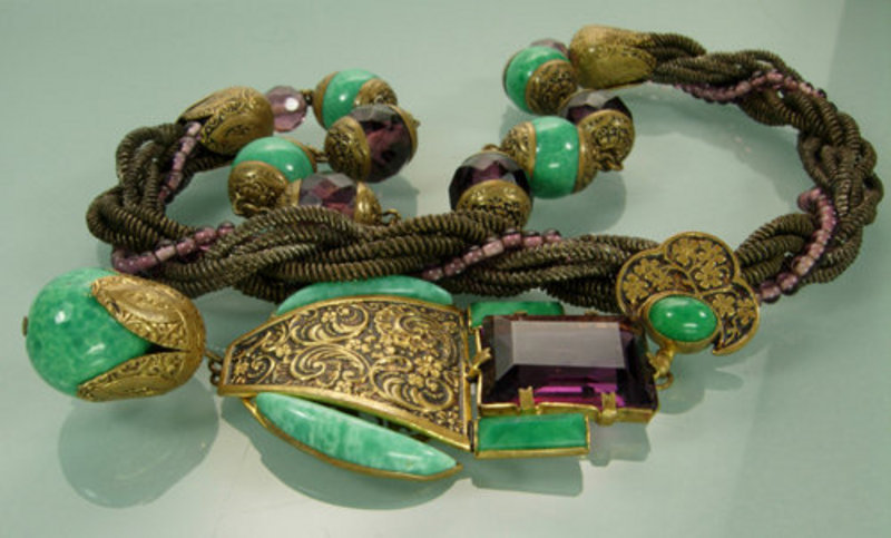 French Art Deco Egyptian Purple and Jade Glass Necklace