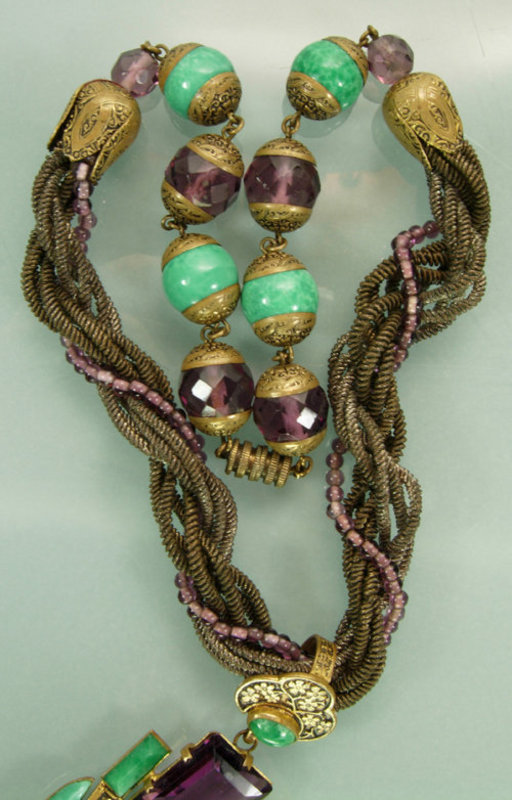 French Art Deco Egyptian Purple and Jade Glass Necklace