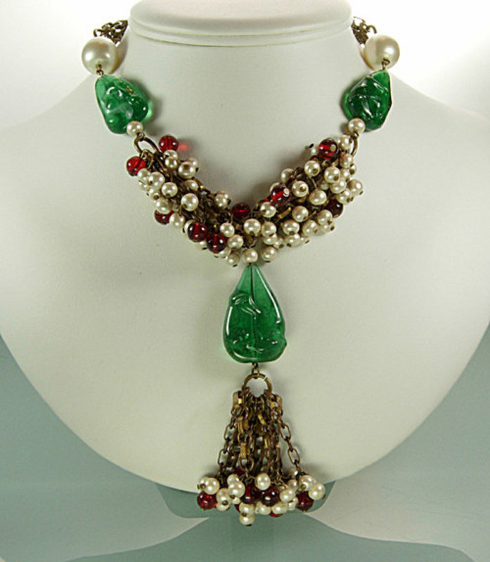 Unsgn. Chanel Red Green Gripoix  Glass Necklace: France