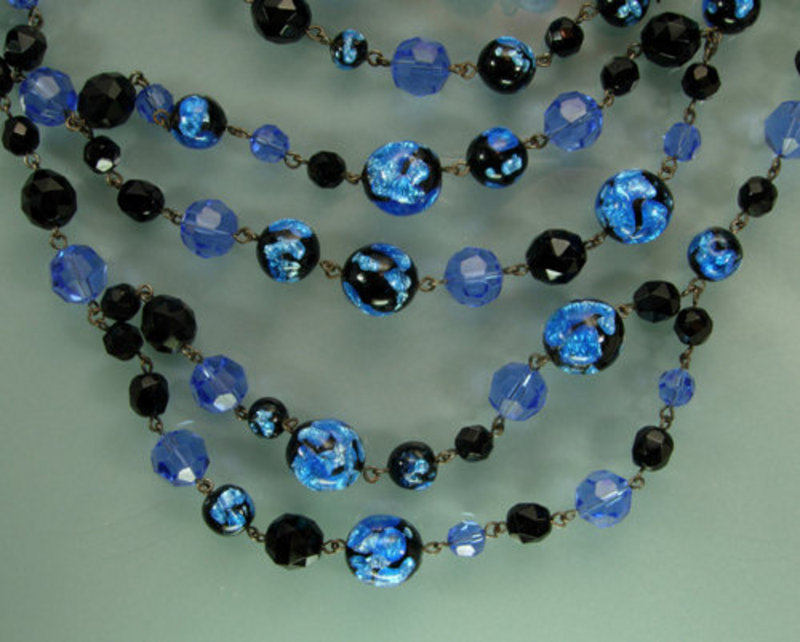 6 Tier Foiled Blue Black Glass Bib Necklace: France
