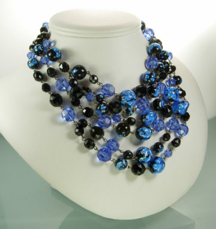 6 Tier Foiled Blue Black Glass Bib Necklace: France