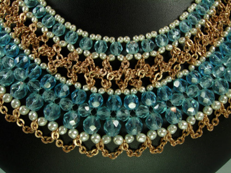 C 1970 Signed Coppola e Toppo Aqua Glass Bib Necklace