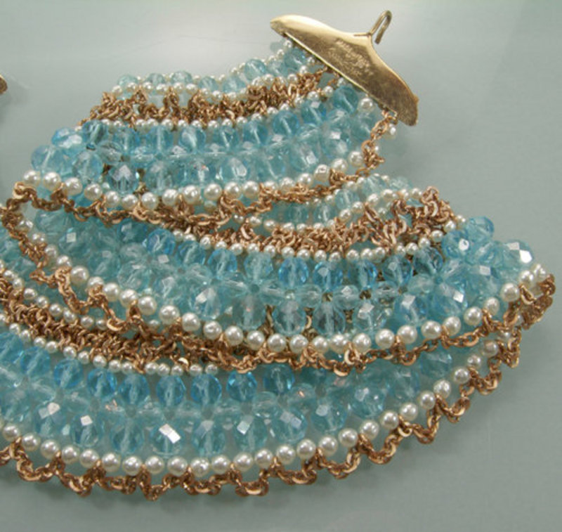 C 1970 Signed Coppola e Toppo Aqua Glass Bib Necklace