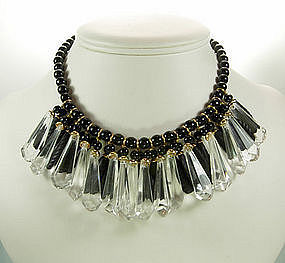 C 1960 Madame Gres Lucite / Glass Fringed Bib Necklace