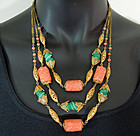 3 Tier French Necklace: Glass Coral and Jade, Filigree