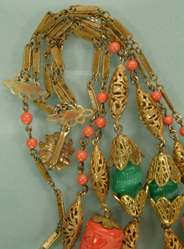 3 Tier French Necklace: Glass Coral and Jade, Filigree