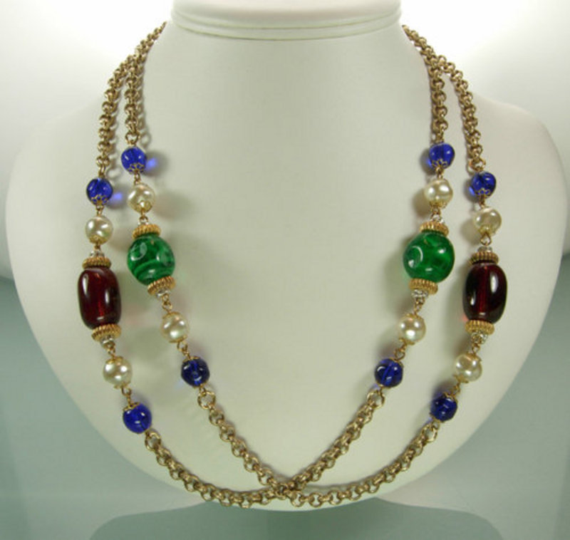 French Gripoix Glass Strass Beaded Chain Long Necklace