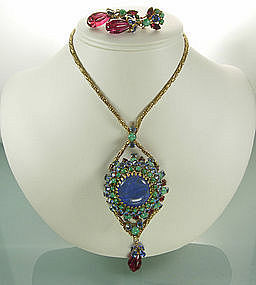 1960 Unsigned Schreiner Necklace Earrings Blue and Pink