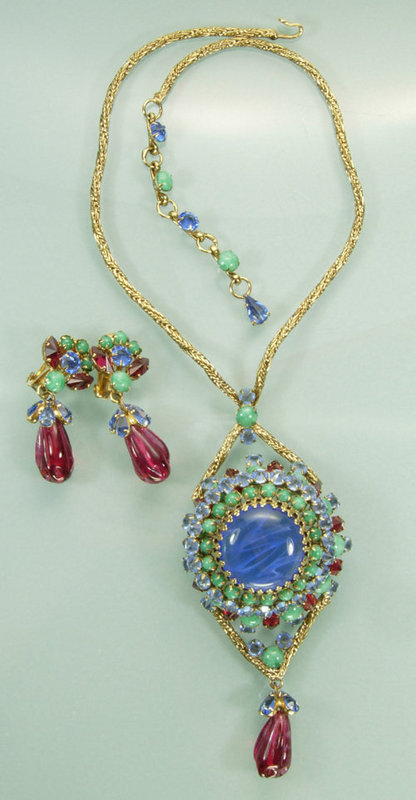 1960 Unsigned Schreiner Necklace Earrings Blue and Pink