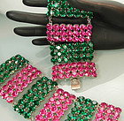 Pair French 1970s Bracelets: Huge Green, Pink Stones
