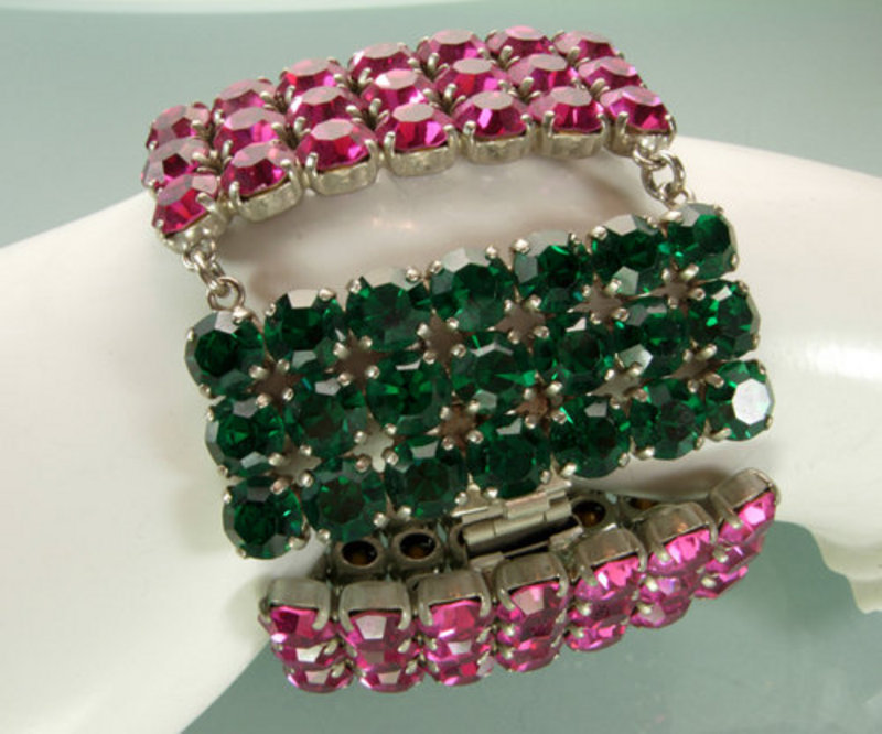 Pair French 1970s Bracelets: Huge Green, Pink Stones