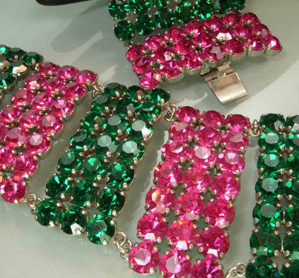 Pair French 1970s Bracelets: Huge Green, Pink Stones