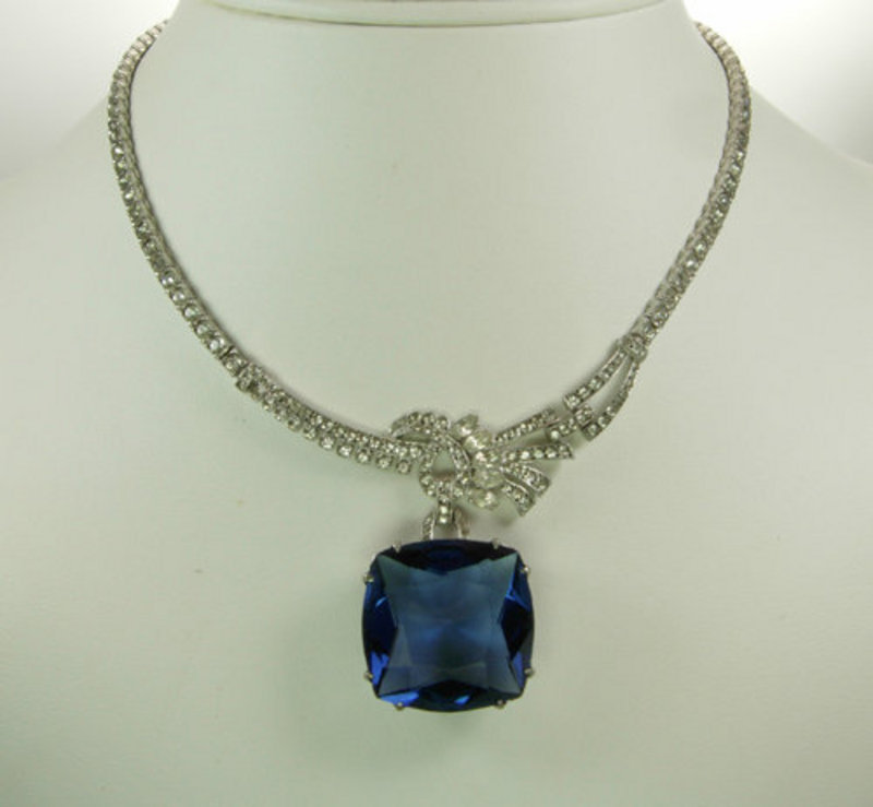 1940s Otis Sterling and Paste Necklace: Huge Blue Stone
