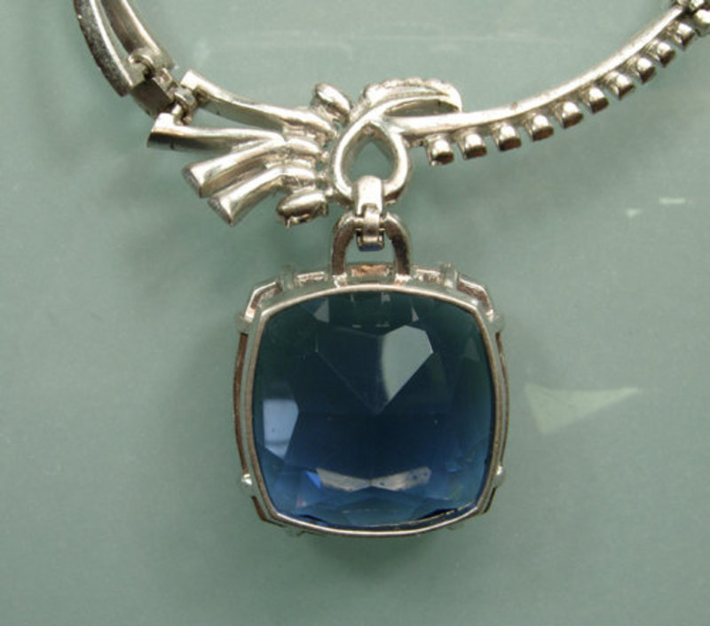1940s Otis Sterling and Paste Necklace: Huge Blue Stone