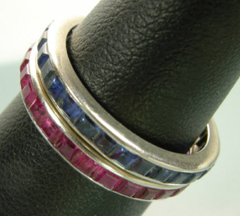 Pr 1940s 14KT White Gold Ruby, Sapphire Eternity Rings