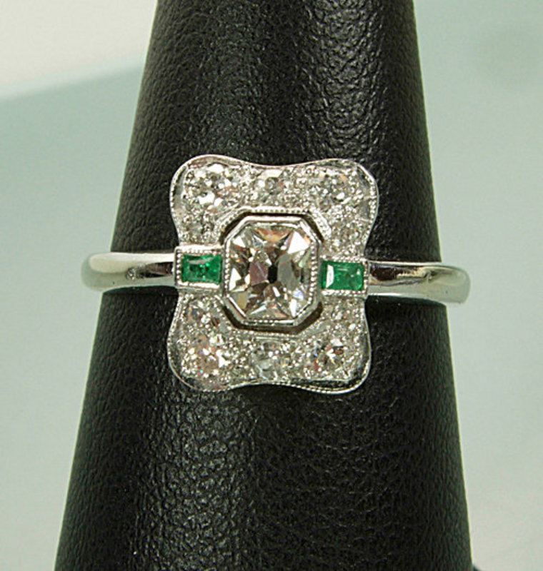 C 1930 Art Deco 14KT White Gold Diamond Emerald Ring