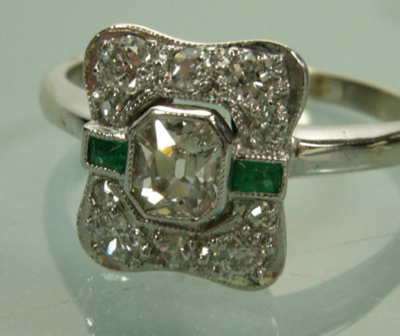 C 1930 Art Deco 14KT White Gold Diamond Emerald Ring