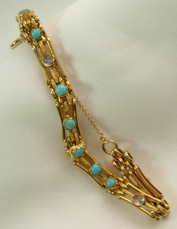 English Arts &amp; Crafts Gold Turquoise Moonstone Bracelet