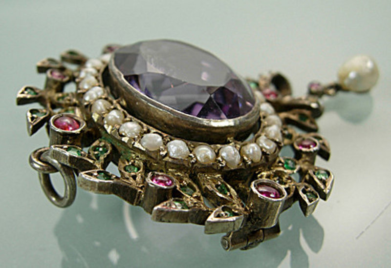 Georgian Gold Amethyst Ruby Emerald Pearl Pin / Pendant