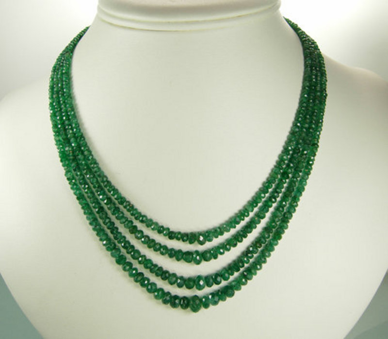 Stunning 4 Strand Necklace Carved Faceted Emerald Beads