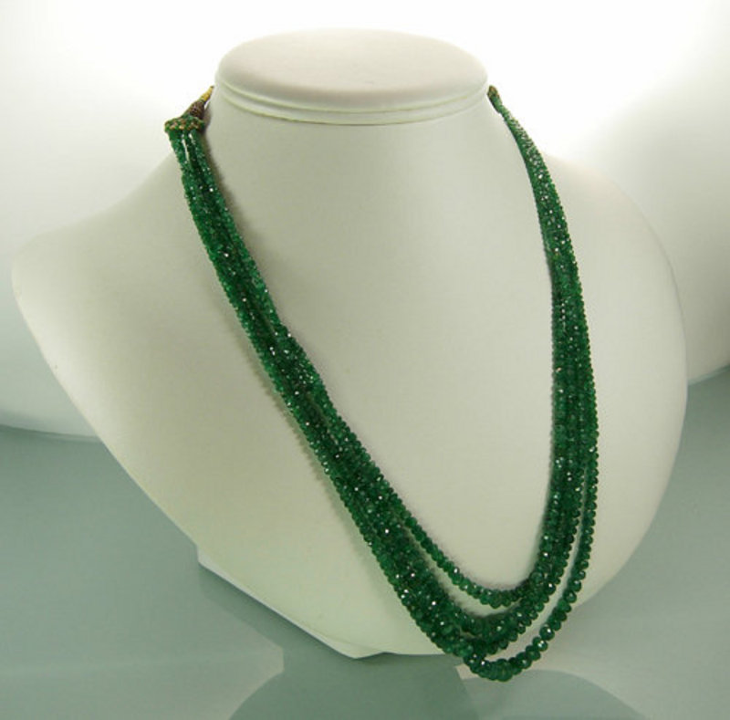 Stunning 4 Strand Necklace Carved Faceted Emerald Beads