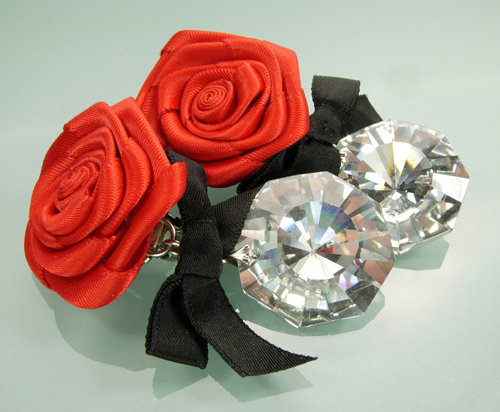 Couture Earrings: Crystal Drops, Red Silk Flowers, Bows