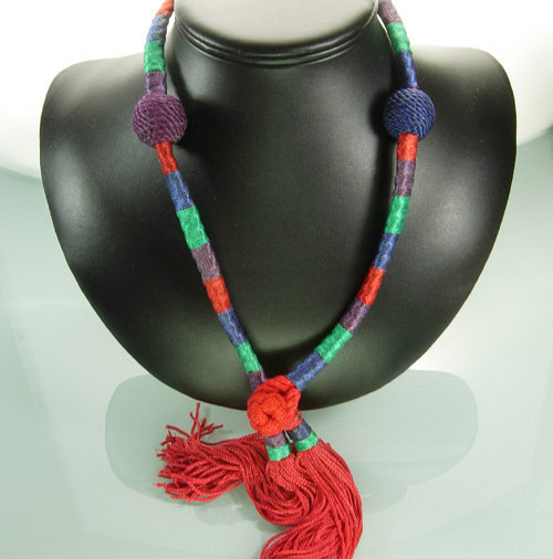 French Drop Necklace Multi Color Silk Beads, Tassels